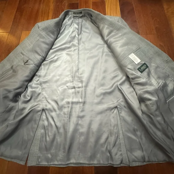 Lauren Ralph Lauren Blazer Men Size:46L Gray Plaid Silk Wool Blend 2 Vents
